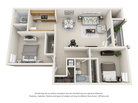 Floor plan for 2 beds, 2 baths, 1149 sqft